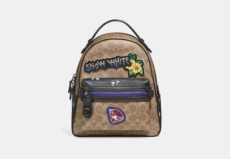 COACH®,DISNEY X COACH CAMPUS BACKPACK 23 IN SIGNATURE PATCHWORK,Coated Canvas,Medium,Pewter/Tan Black Multi,Front View