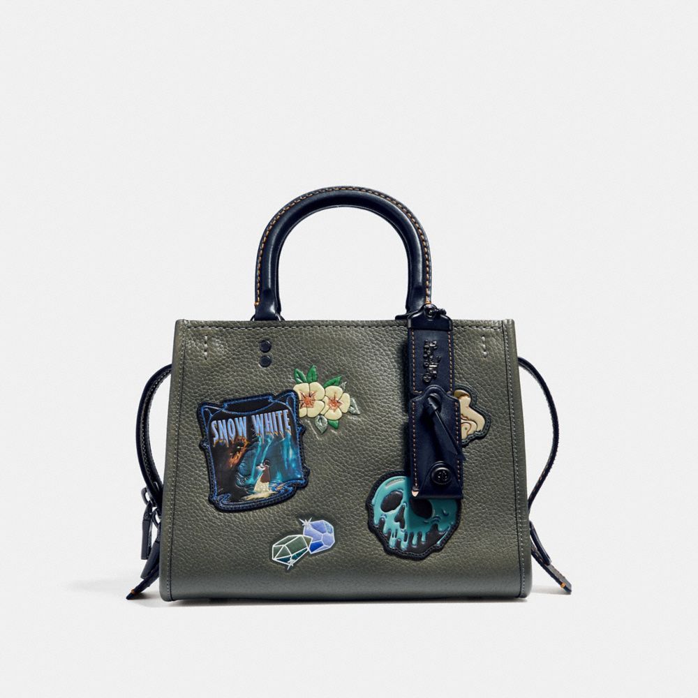 COACH®,DISNEY X COACH ROGUE 25 WITH PATCHES,Leather,Black Copper/Army Green,Front View