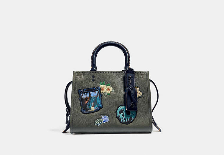 COACH®,DISNEY X COACH ROGUE 25 WITH PATCHES,Leather,Black Copper/Army Green,Front View