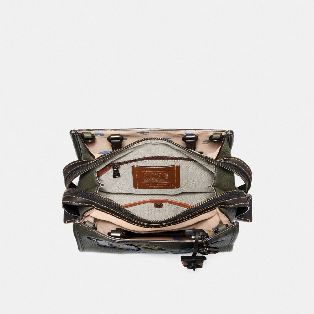 COACH®,DISNEY X COACH ROGUE 25 WITH PATCHES,Leather,Black Copper/Army Green,Inside View,Top View