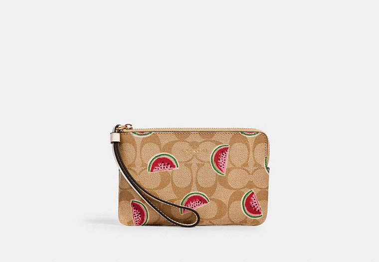 COACH®,CORNER ZIP WRISTLET IN SIGNATURE CANVAS WITH WATERMELON PRINT,Gold/Lt Khaki/Red Multi,Front View