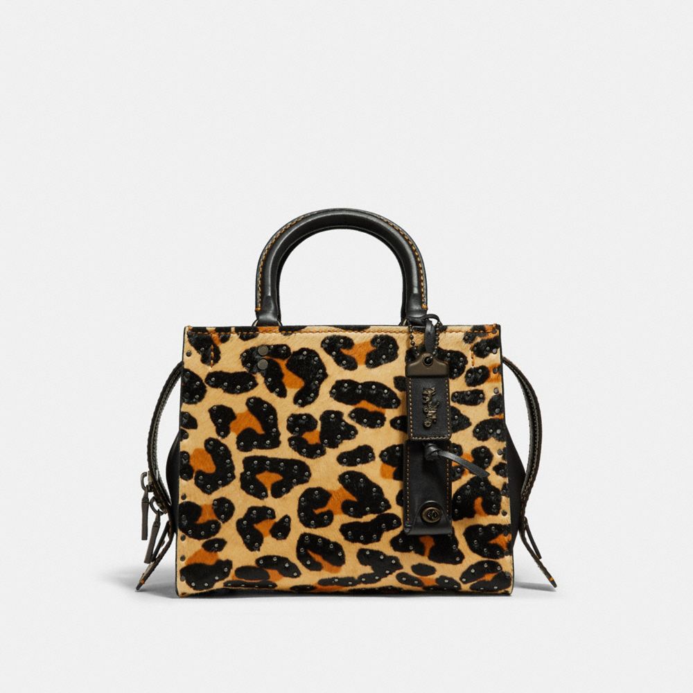 COACH®,ROGUE 25 WITH EMBELLISHED LEOPARD PRINT,Haircalf,Medium,Pewter/Leopard,Front View