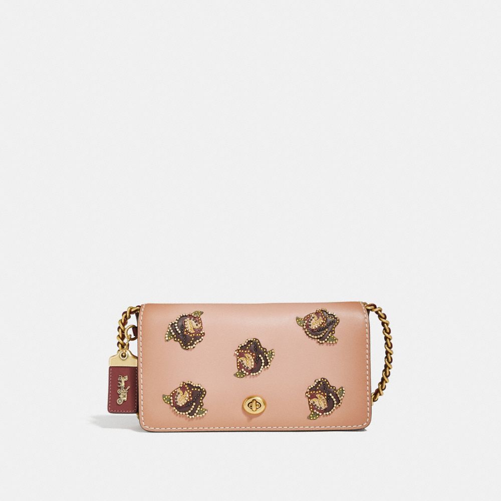 COACH®,DINKY WITH ROSE APPLIQUE,Leather,Brass/Beechwood,Front View image number 0