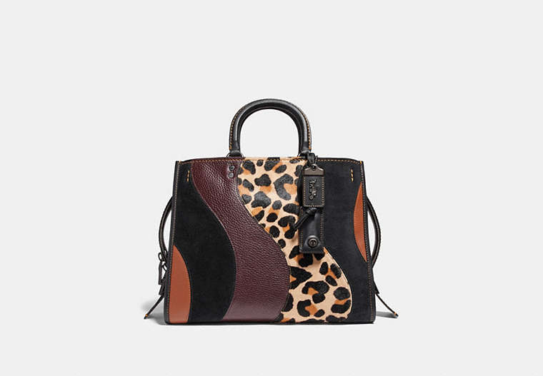 COACH®,ROGUE WITH LEOPARD PATCHWORK,Leather,Large,Pewter/Leopard Multi,Front View