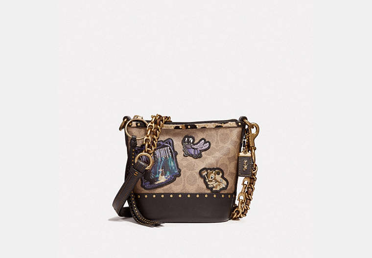 COACH®,DISNEY X COACH DUFFLE 12 IN SIGNATURE PATCHWORK,Coated Canvas,Small,Brass/Tan Multi,Front View