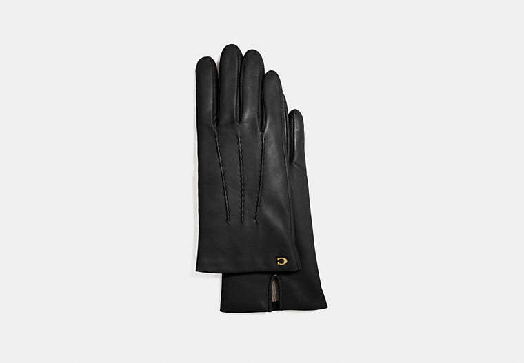 COACH®,SCULPTED SIGNATURE SHORT LEATHER GLOVES,Leather,Black,Front View
