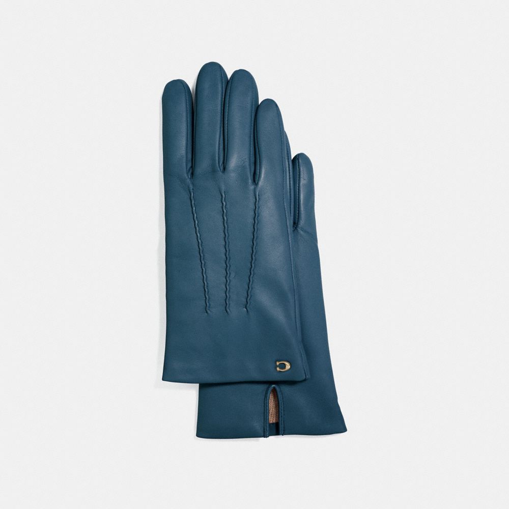 COACH®,SCULPTED SIGNATURE SHORT LEATHER GLOVES,Leather,Denim,Front View