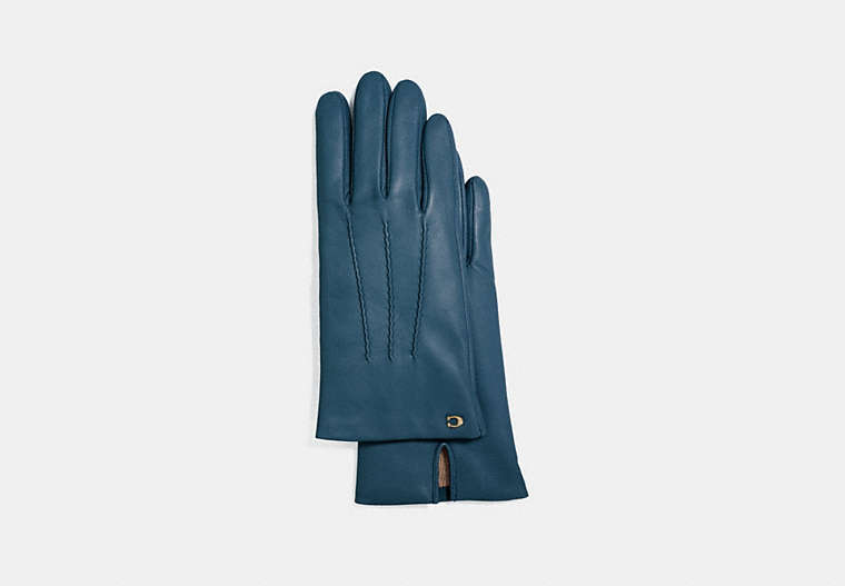 COACH®,SCULPTED SIGNATURE SHORT LEATHER GLOVES,Leather,Denim,Front View
