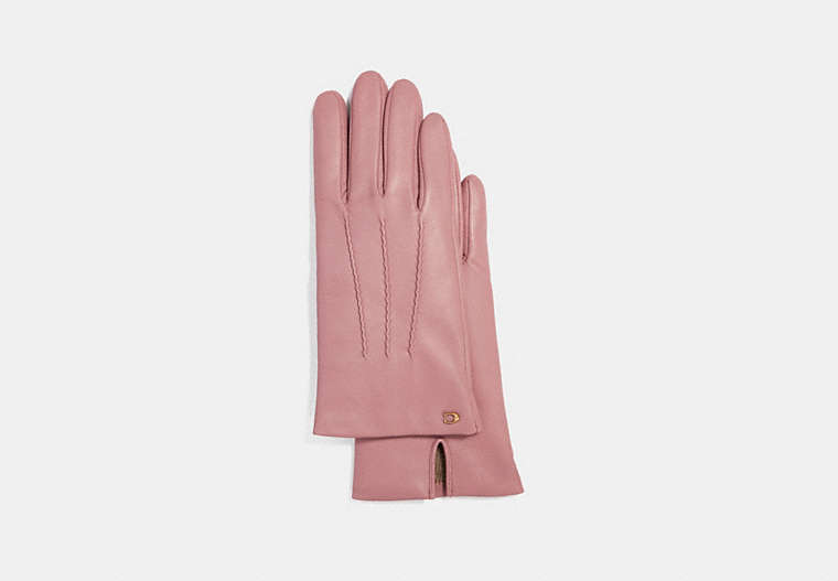 COACH®,SCULPTED SIGNATURE SHORT LEATHER GLOVES,Leather,Rose,Front View