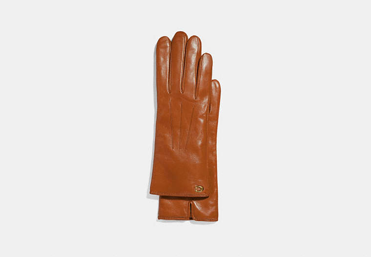 COACH®,SCULPTED SIGNATURE TECH GLOVES,Leather,Canyon,Front View