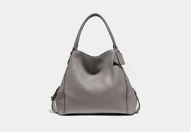 COACH®,EDIE SHOULDER BAG 42 WITH RIVETS,Leather,X-Large,Black Copper/Heather Grey,Front View