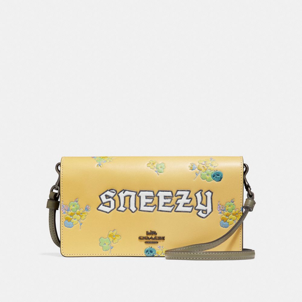 COACH®,DISNEY X COACH SNEEZY FOLDOVER CROSSBODY CLUTCH,Leather,Mini,Black Copper/Sunflower,Front View