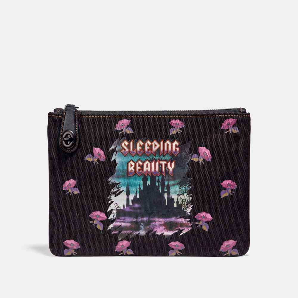 COACH®,DISNEY X COACH SLEEPING BEAUTY TURNLOCK POUCH 26,canvas,Black Copper/Black,Front View