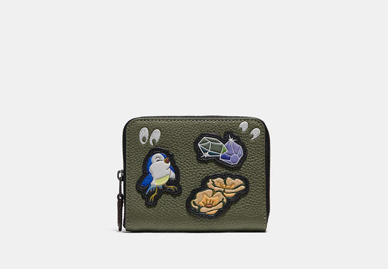 COACH®,DISNEY X COACH SMALL ZIP AROUND WALLET WITH SPOOKY EYES PRINT,Leather,Black Copper/Army Green,Front View