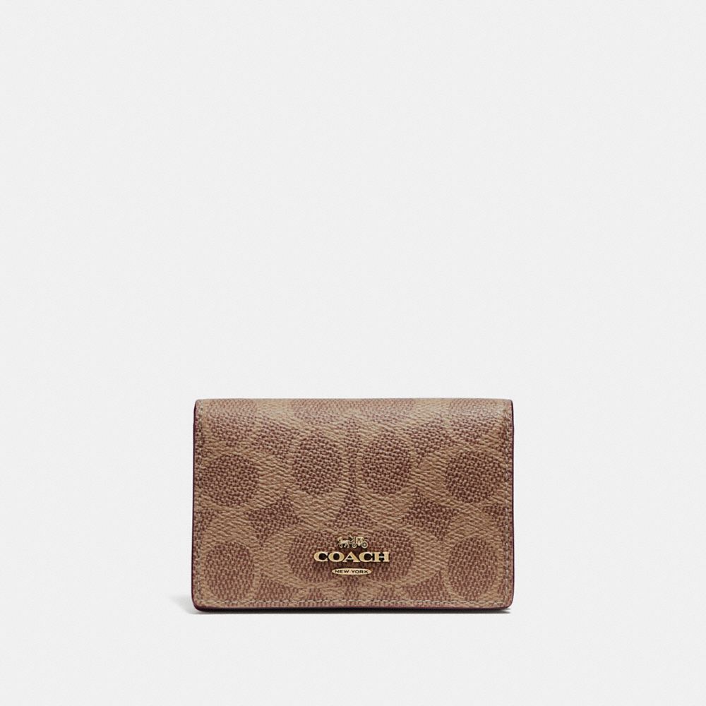 COACH®,BUSINESS CARD CASE IN SIGNATURE CANVAS,Coated Canvas,Brass/Tan/Rust,Front View