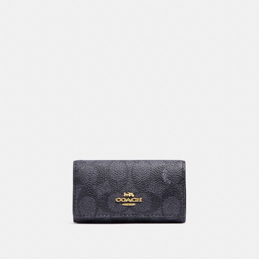 COACH®,SIX RING KEY CASE IN SIGNATURE CANVAS,pvc,Charcoal/Midnight Navy/Light Gold,Front View