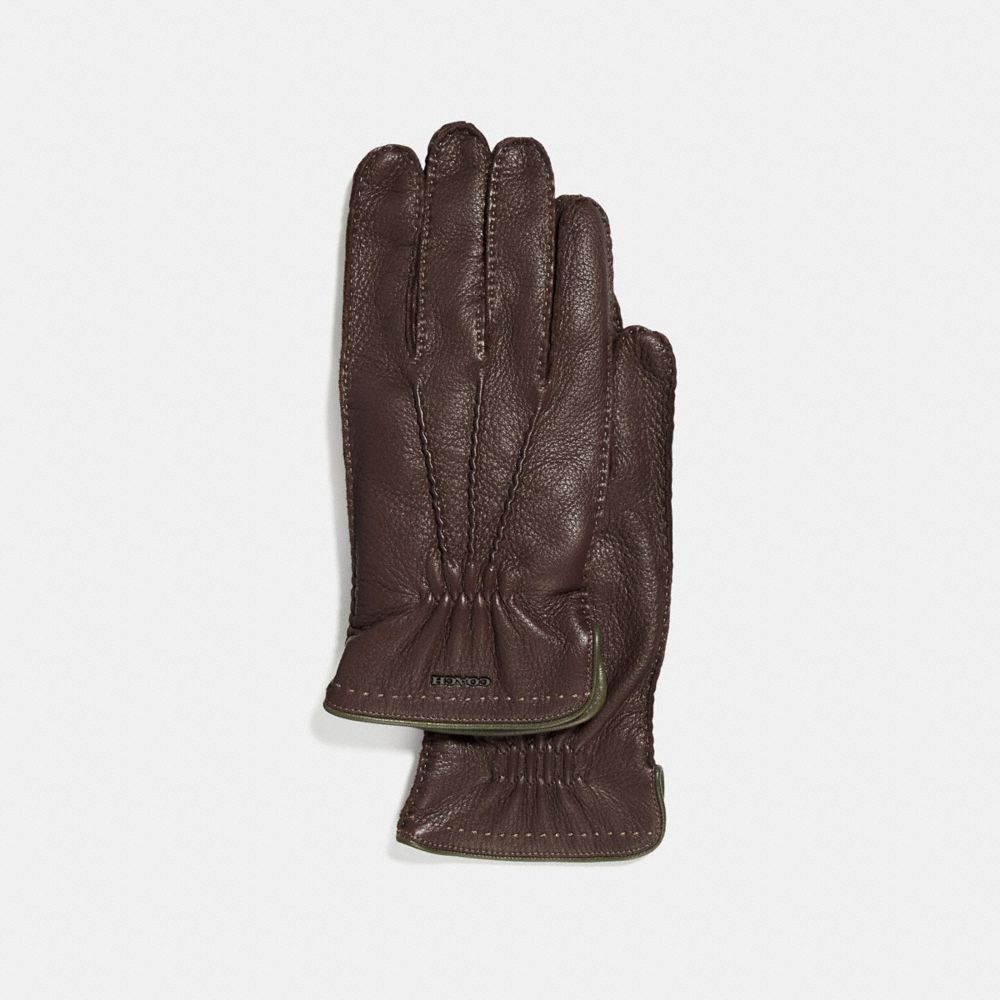 COACH®,DEERSKIN GLOVES,n/a,Mahogany Green,Front View