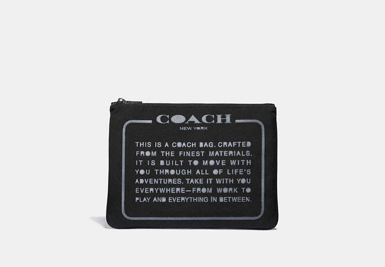 COACH®,LARGE MULTIFUNCTIONAL POUCH WITH SPRAY STORYPATCH,Leather,Black,Front View