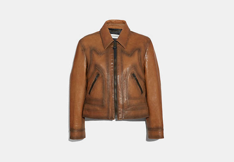 COACH®,BURNISHED LEATHER JACKET,Leather,FAWN,Front View