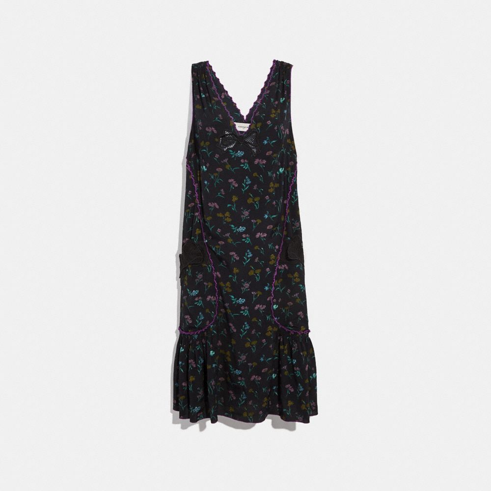 COACH®,WILDFLOWER PRINT BOW DRESS,Silk,Black,Front View image number 0