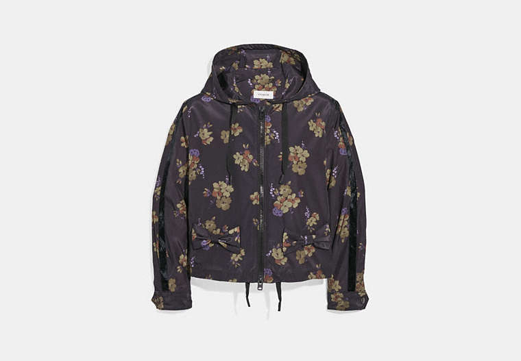 COACH®,FOREST FLORAL PRINT ZIP HOODIE,Nylon,Black/Green,Front View