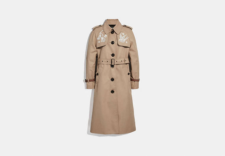 COACH®,LACE EMBROIDERED TRENCH COAT,Mixed Material,KHAKI,Front View