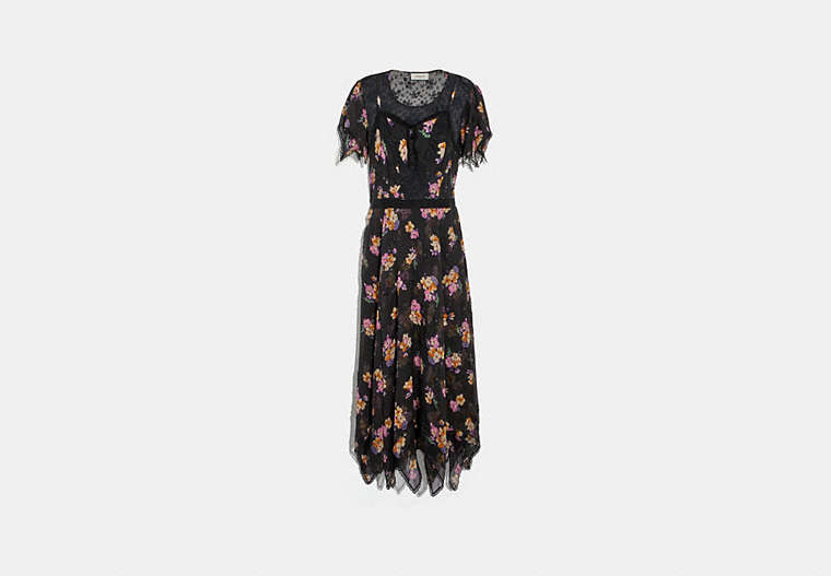 COACH®,EMBELLISHED FOREST FLORAL PRINT DRESS,Mixed Material,Black,Front View