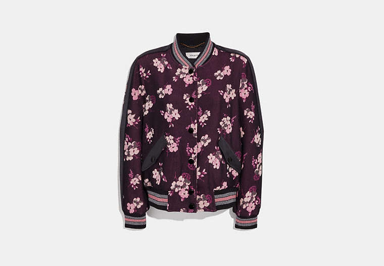 COACH®,FOREST FLORAL JACQUARD VARSITY JACKET,Other,Black,Front View
