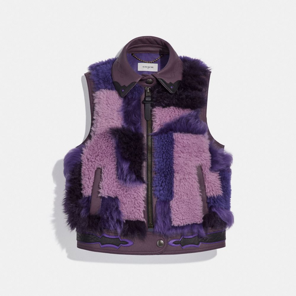 COACH®,PATCHWORK SHEARLING VEST,Shearling,PURPLE,Front View