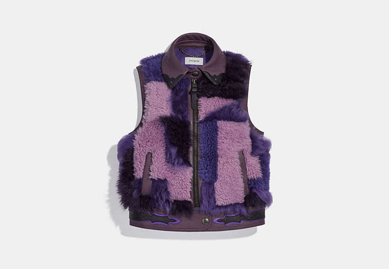 COACH®,PATCHWORK SHEARLING VEST,Shearling,PURPLE,Front View
