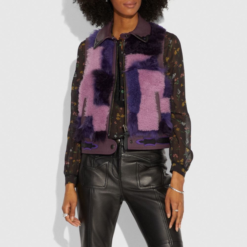COACH®,PATCHWORK SHEARLING VEST,Shearling,PURPLE,Scale View