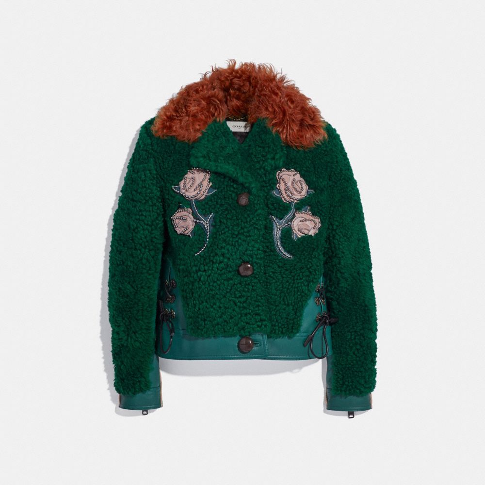 COACH®,EMBELLISHED SHEARLING JACKET,Shearling,Viridian,Front View image number 0
