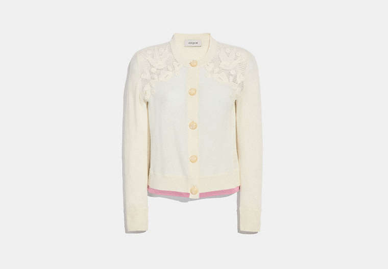 COACH®,CROCHET CREW NECK CARDIGAN,Mixed Material,Ivory,Front View