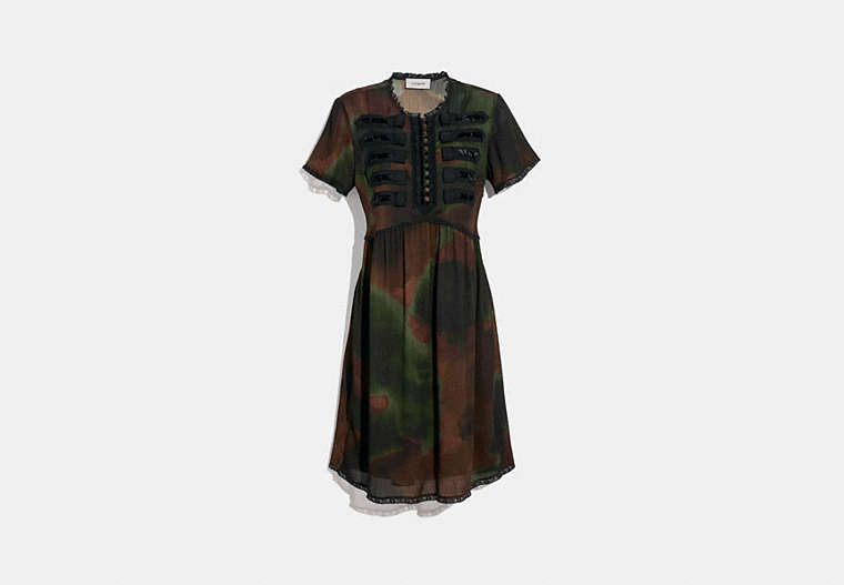COACH®,TIE DYE PRINT MILITARY DRESS,Silk,Brown/Green,Front View