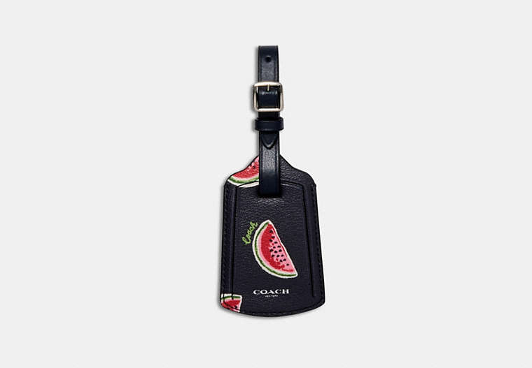 COACH®,LUGGAGE TAG WITH WATERMELON PRINT,pvc,Silver/Navy Red Multi,Front View