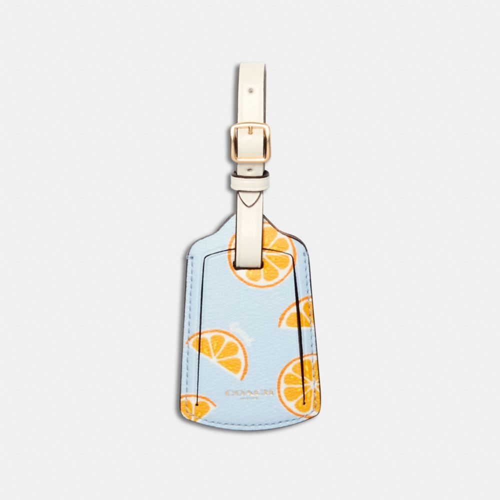 COACH®,LUGGAGE TAG WITH ORANGE PRINT,pvc,Gold/Orange/Blue,Front View