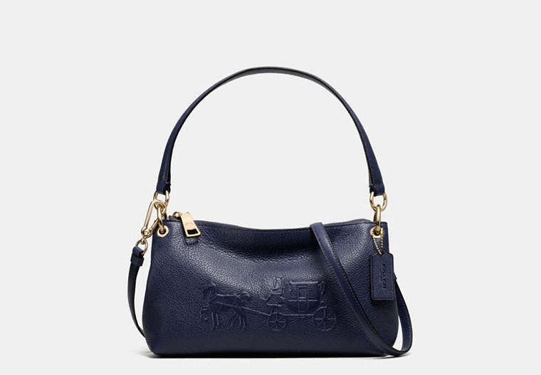 COACH®,CHARLEY CROSSBODY WITH EMBOSSED HORSE AND CARRIAGE,Leather,Small,Light Gold/Navy,Front View