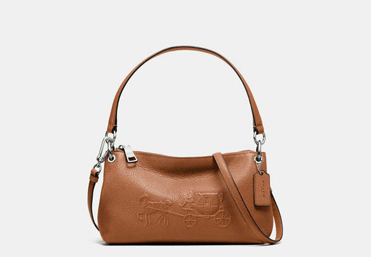 COACH®,CHARLEY CROSSBODY WITH EMBOSSED HORSE AND CARRIAGE,Leather,Small,Silver/Saddle,Front View