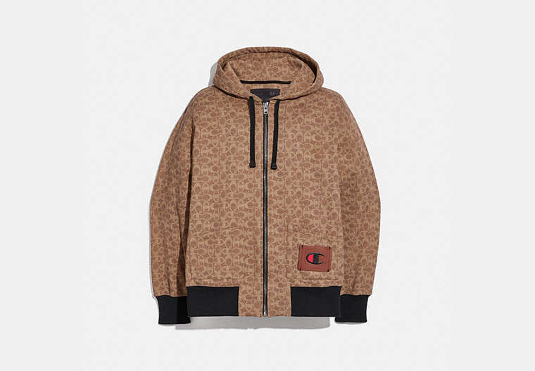 COACH®,COACH X CHAMPION MEN'S FULL ZIP HOODIE,Cotton/Polyester,TAN MULTI,Front View image number 0