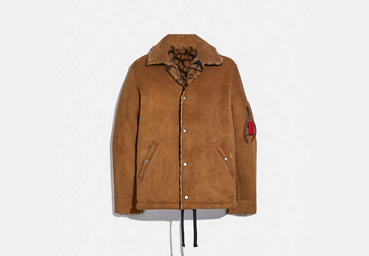 COACH®,COACH X CHAMPION SHEARLING JACKET,cotton,TAN MULTI,Front View image number 0