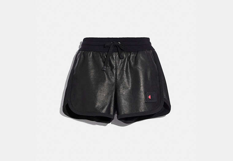 COACH®,COACH X CHAMPION LEATHER SHORTS,Leather,Black,Front View