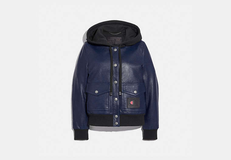 COACH®,COACH X CHAMPION SUPER FLEECE HOODED LEATHER JACKET,Leather,NAVY,Front View