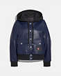 COACH®,COACH X CHAMPION SUPER FLEECE HOODED LEATHER JACKET,Leather,NAVY,Front View