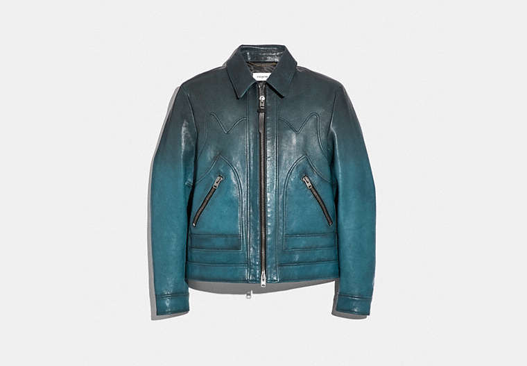 COACH®,STINGER JACKET,Leather,Deep Turquoise,Front View