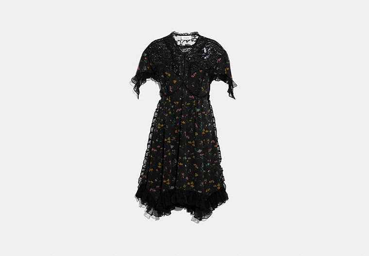 COACH®,FOREST FLORAL PRINT BABY DOLL DRESS,Mixed Material,Black,Front View