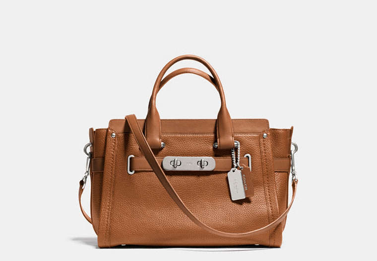 COACH®,COACH SWAGGER CARRYALL IN PEBBLE LEATHER,Leather,Large,Silver/Saddle,Front View