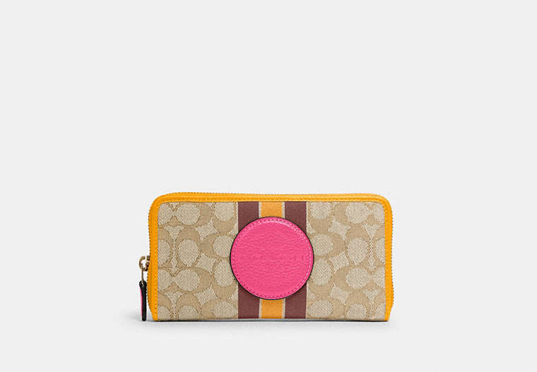 COACH®,DEMPSEY ACCORDION ZIP WALLET IN SIGNATURE JACQUARD WITH STRIPE AND COACH PATCH,Gold/Lt Khaki Electric Pink,Front View