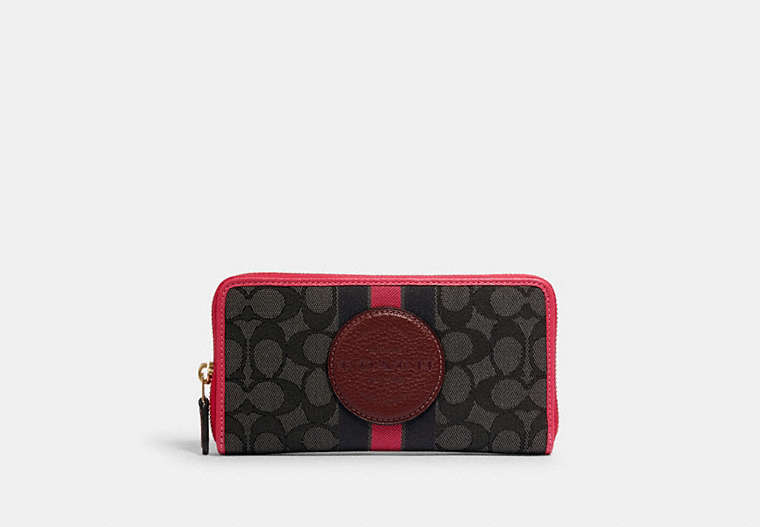COACH®,DEMPSEY ACCORDION ZIP WALLET IN SIGNATURE JACQUARD WITH STRIPE AND COACH PATCH,Gold/Black Wine Multi,Front View