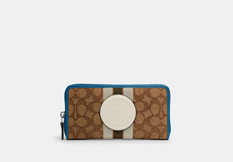 COACH®,DEMPSEY ACCORDION ZIP WALLET IN SIGNATURE JACQUARD WITH STRIPE AND COACH PATCH,Silver/Khaki Clk Pale Green Multi,Front View