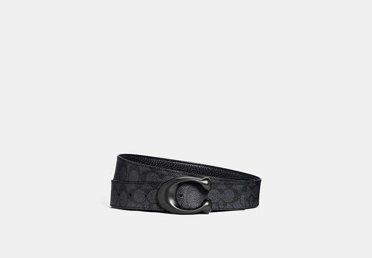 COACH®,SIGNATURE BUCKLE CUT-TO-SIZE REVERSIBLE BELT, 38MM,Coated Canvas,Charcoal/Black,Front View